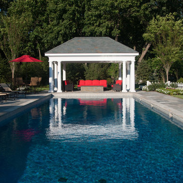 Pool with shaded seating area